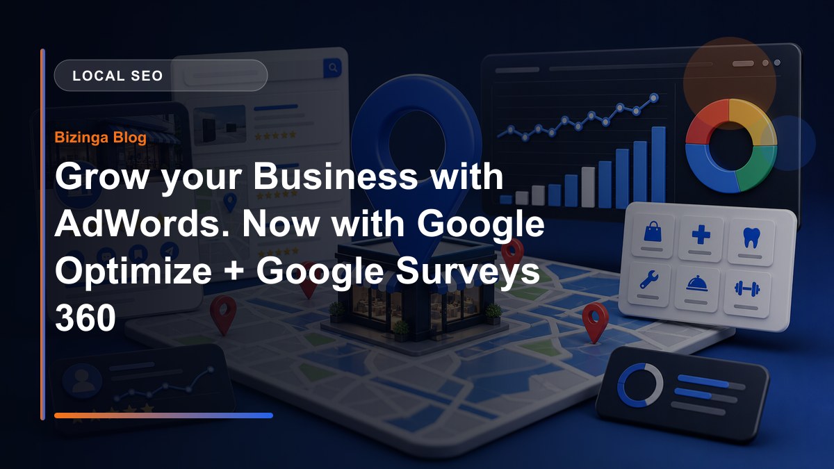 Grow your Business with AdWords. Now with Google Optimize + Google Surveys 360 - Bizinga blog article image